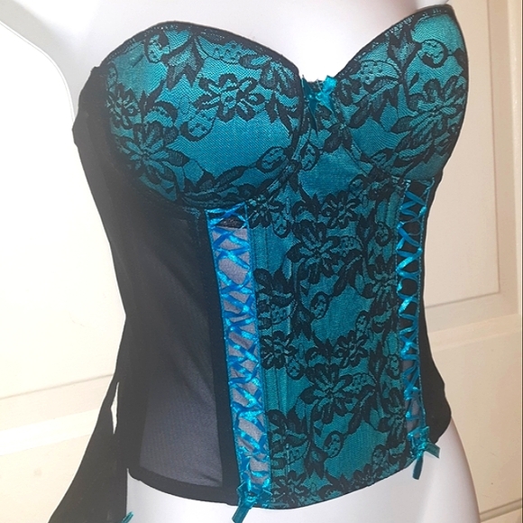 ☆Brand NEW☆Sexy Lace Push-Up Teal Blue & Black Bustier/G-String/Corset Set-Small - Picture 2 of 16
